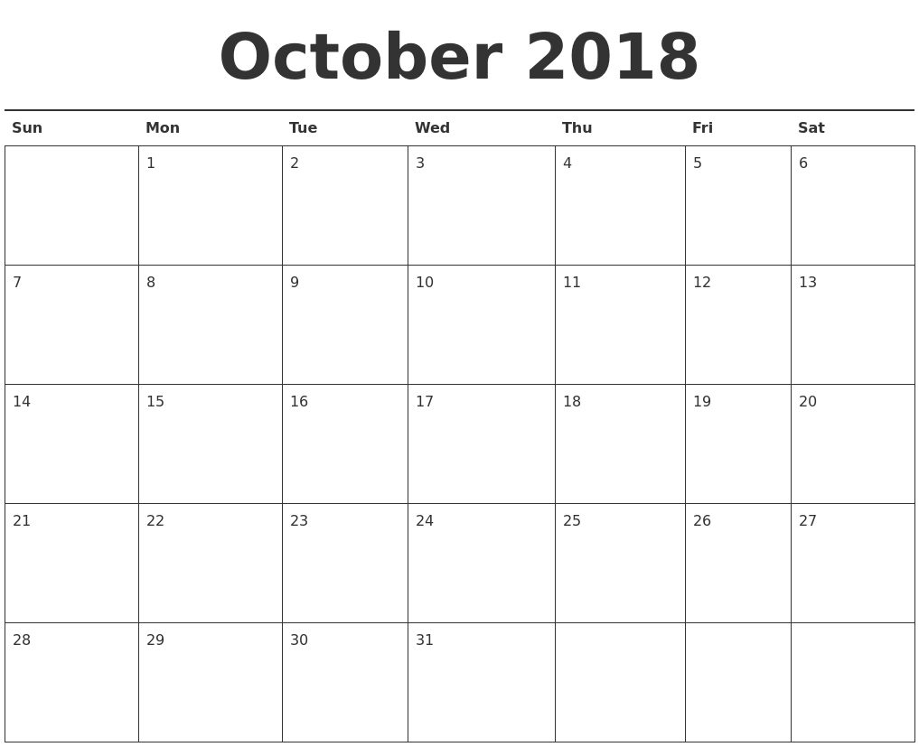2018 October Calendar Canada Blank Pictures