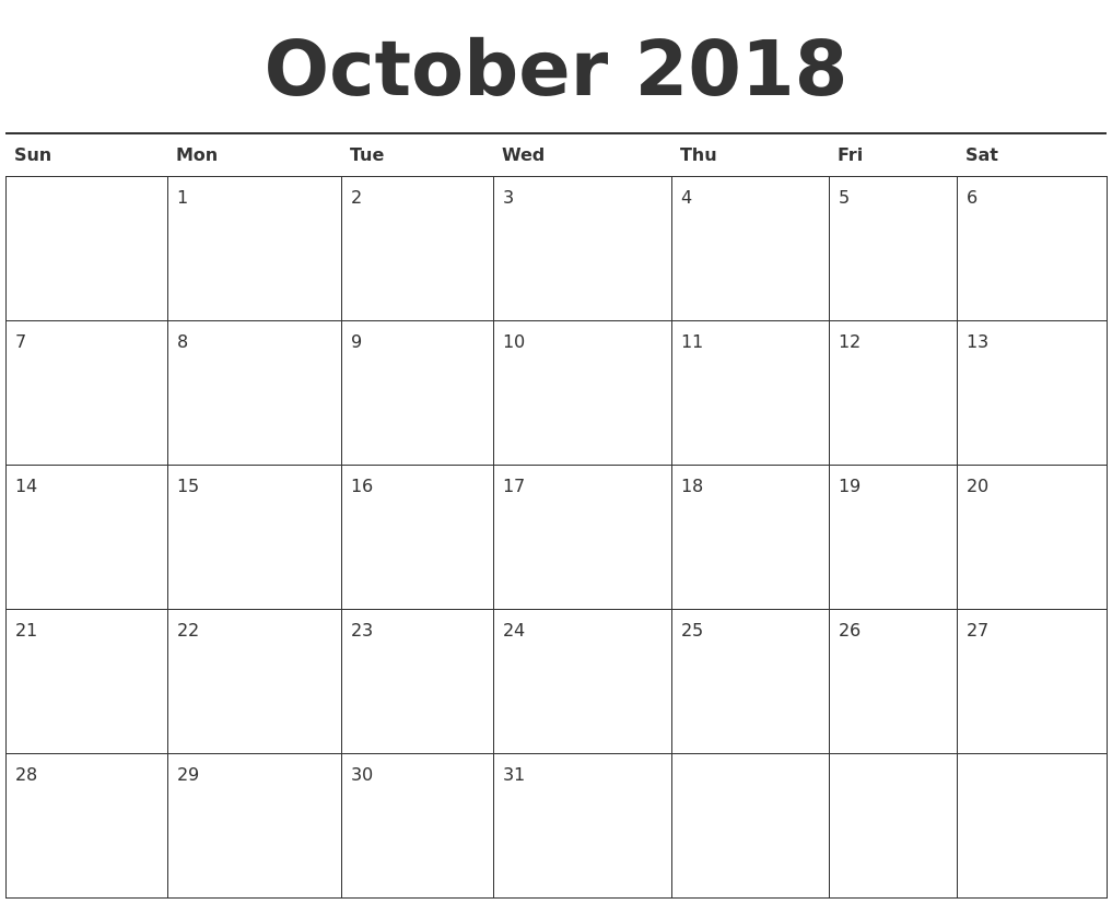 Printable October 2018 Blank Calendar