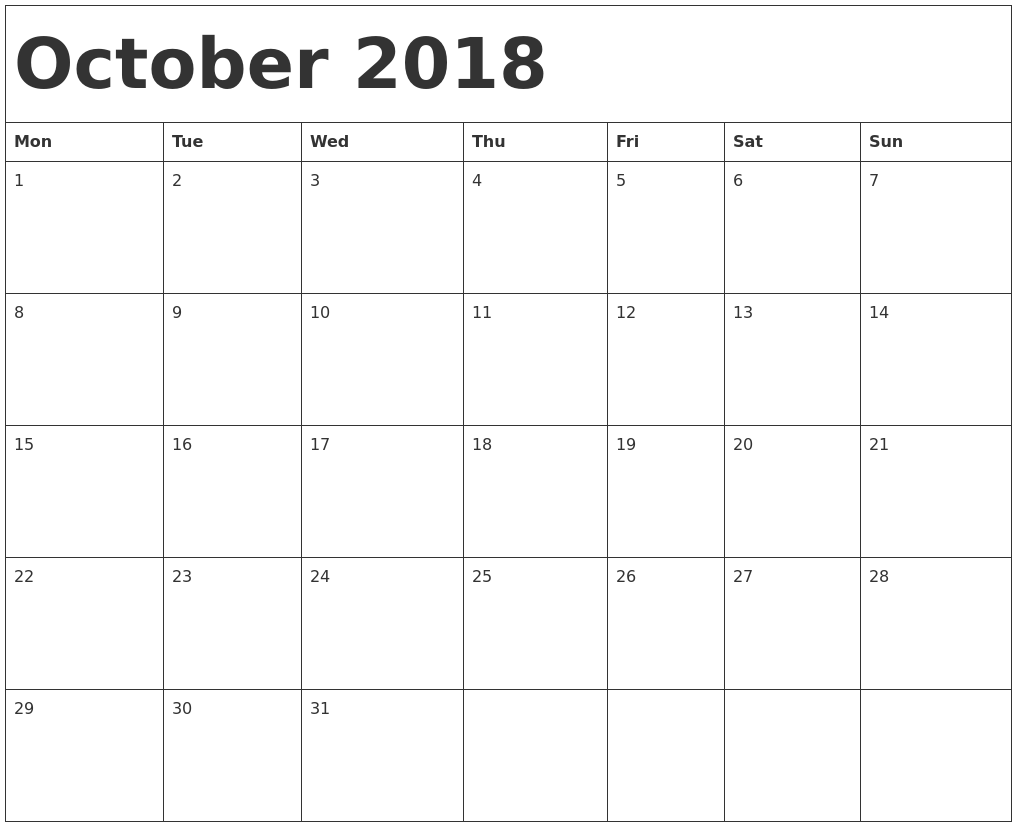 October 2018 Calendar Template