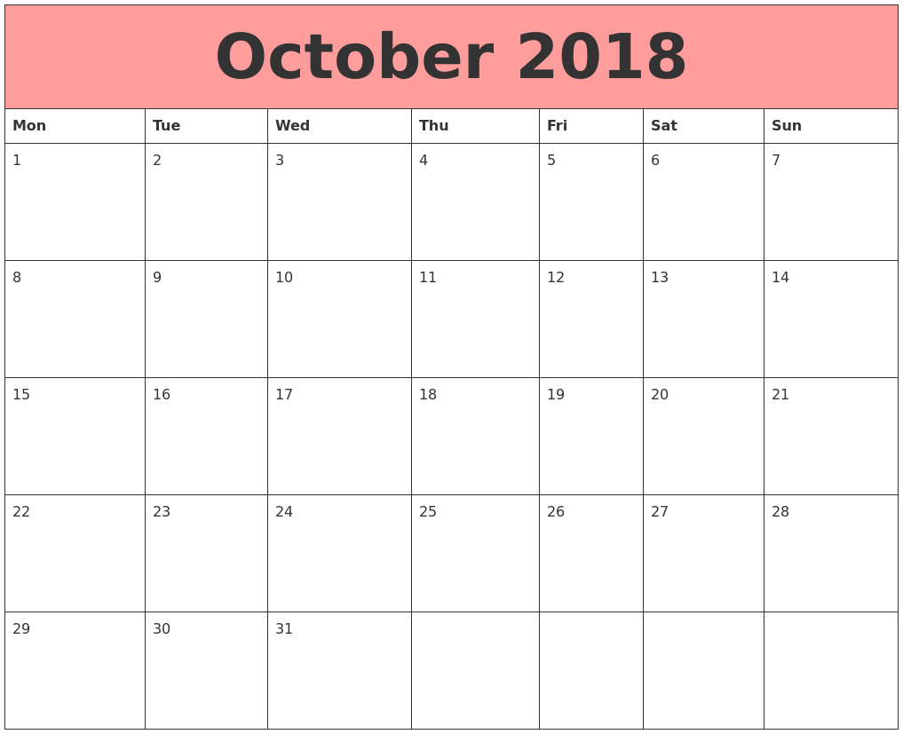 Cute October 2018 Calendar