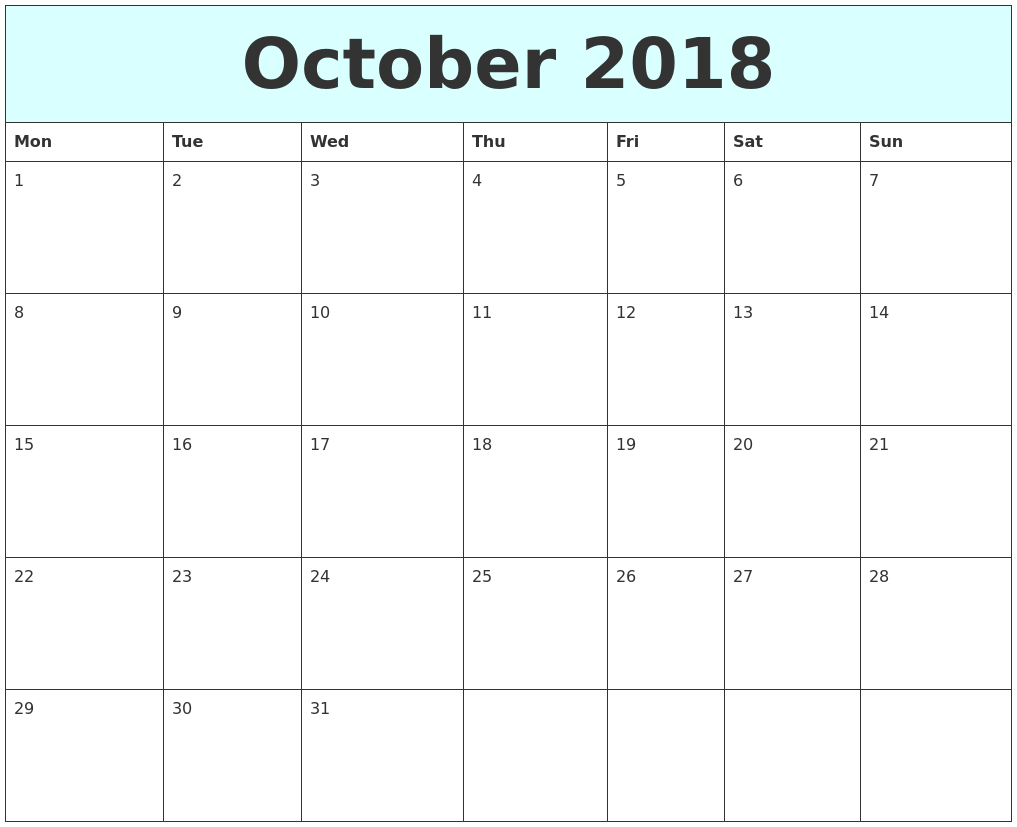 October 2018 Free Calendar
