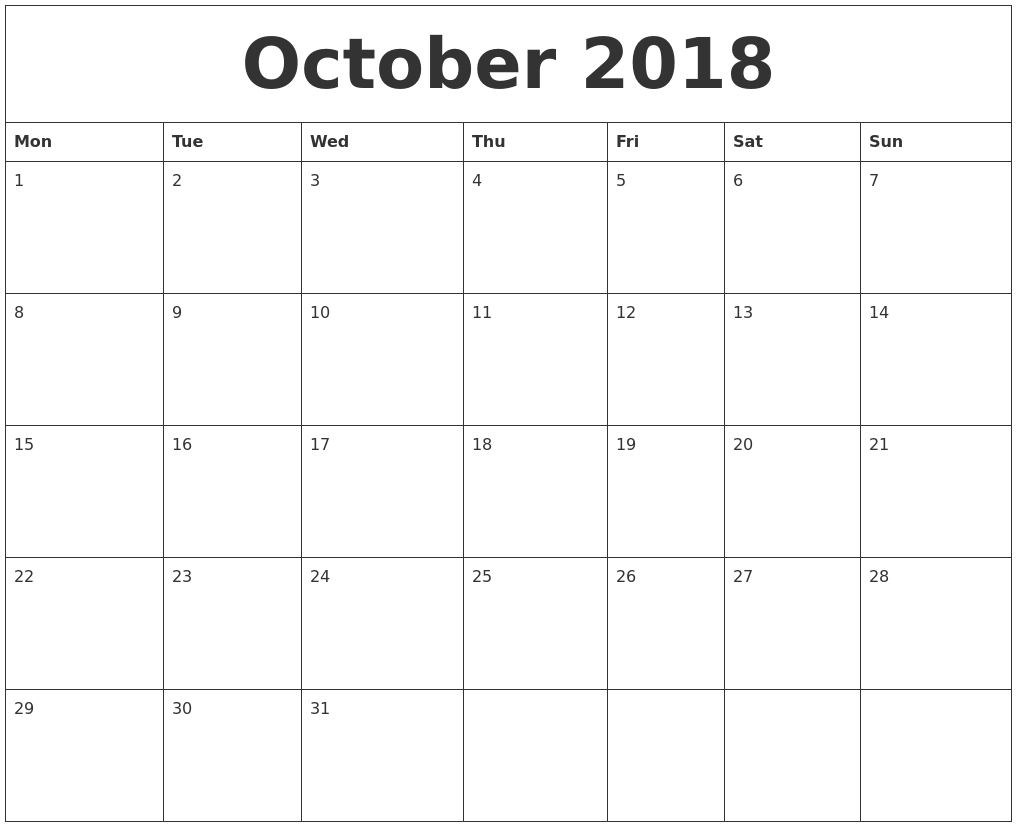 October 2018 Calendar - FREE DOWNLOAD