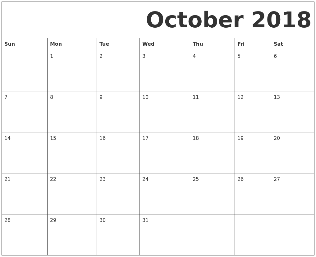 October 2018 Free Printable Calendar