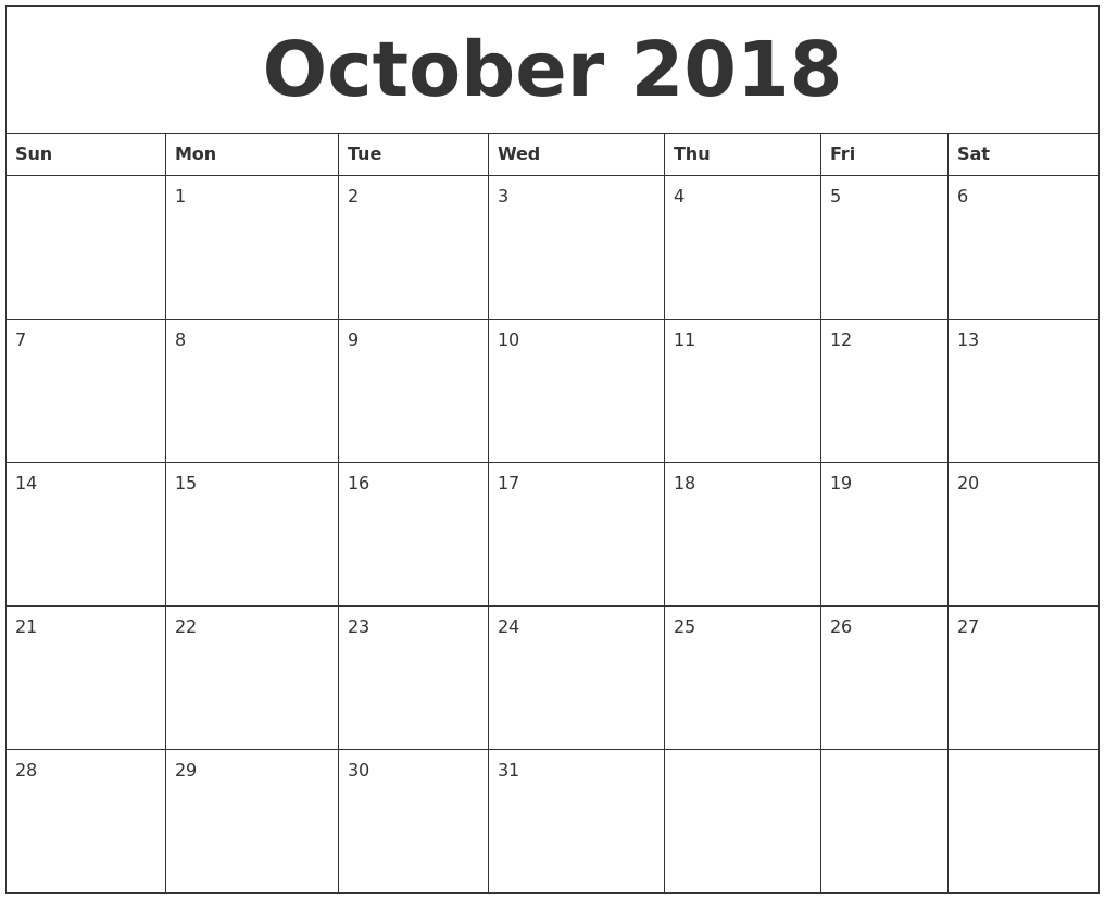 Monthly Calendar October 2018 Template