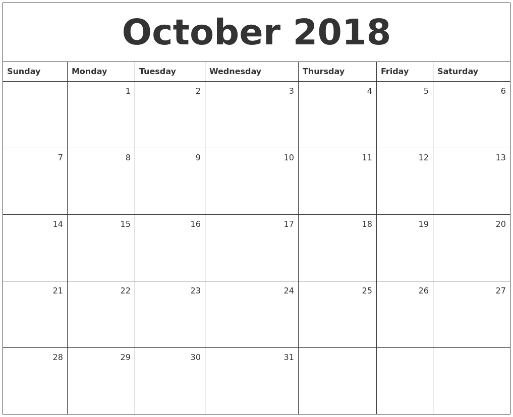 Printable Calendar October 2018 Canada