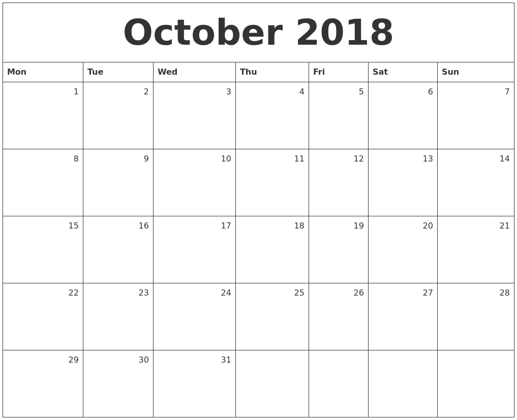 Monthly Calendar October 2018 Printable