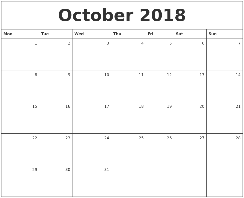 Monthly Calendar Monday Start : October monthly calendar Monthly Calendar Monday Start : October monthly calendar