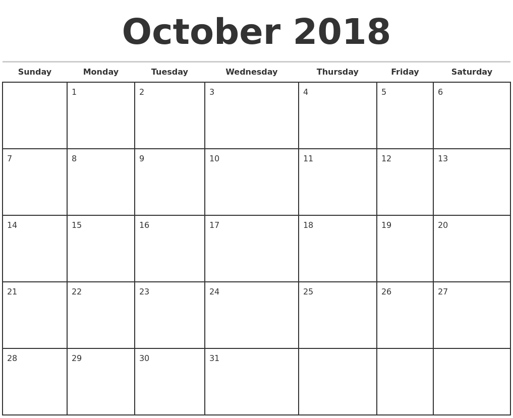 2018 October Calendar Template