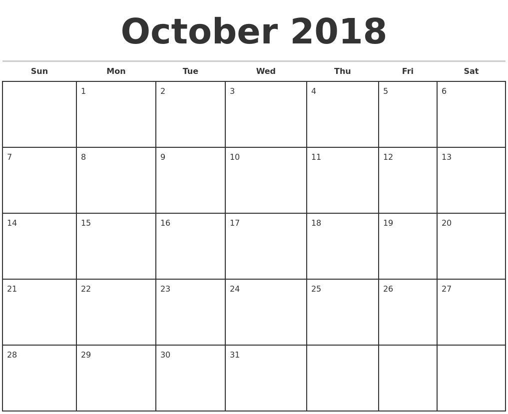 October 2018 Calendar Template October 2018 Calendar Fssfpn