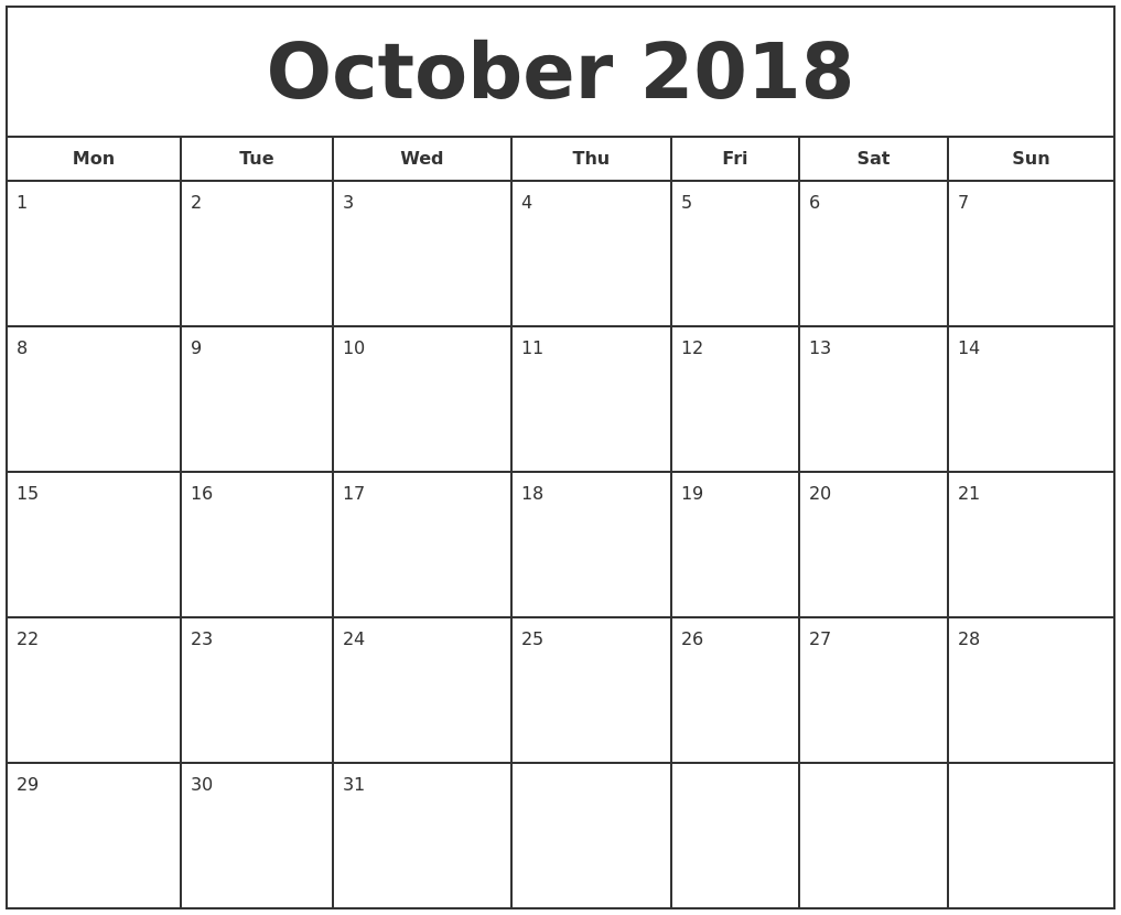 2018 Print October Calendar Word