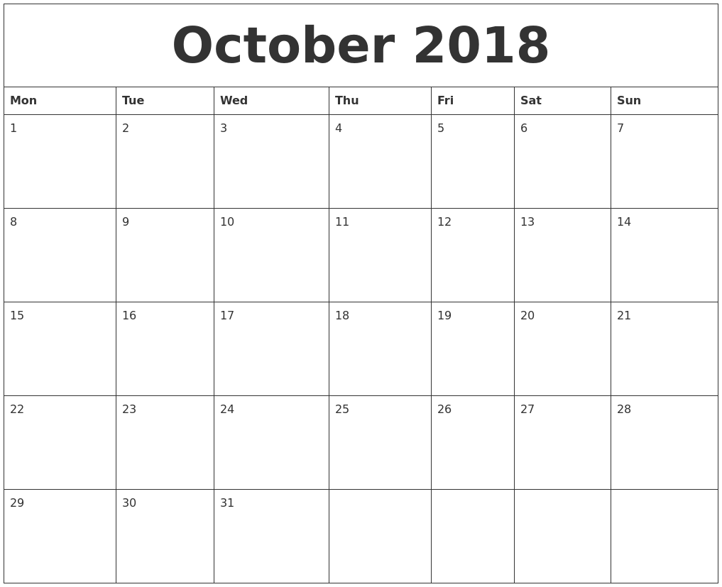 Cute Calendar October 2018