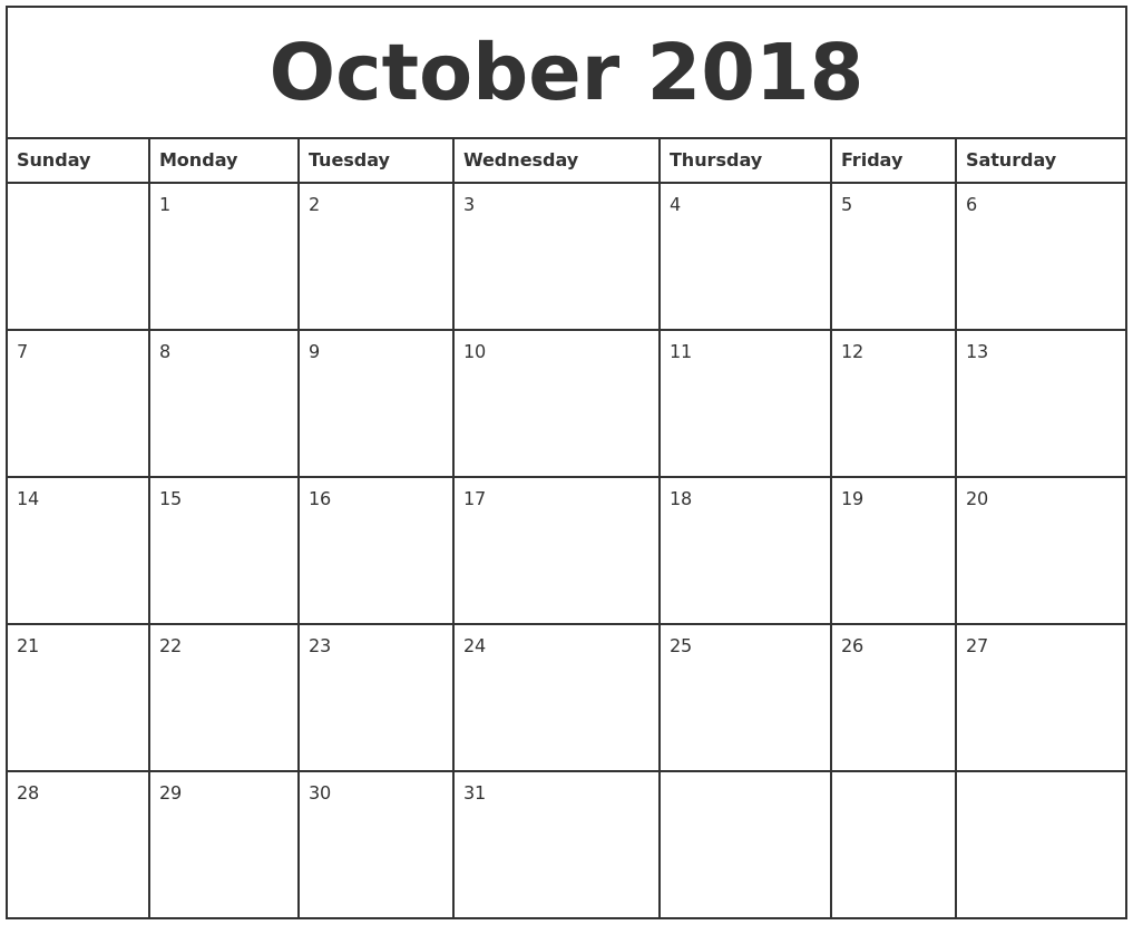 Free Blank Calendar October 2018