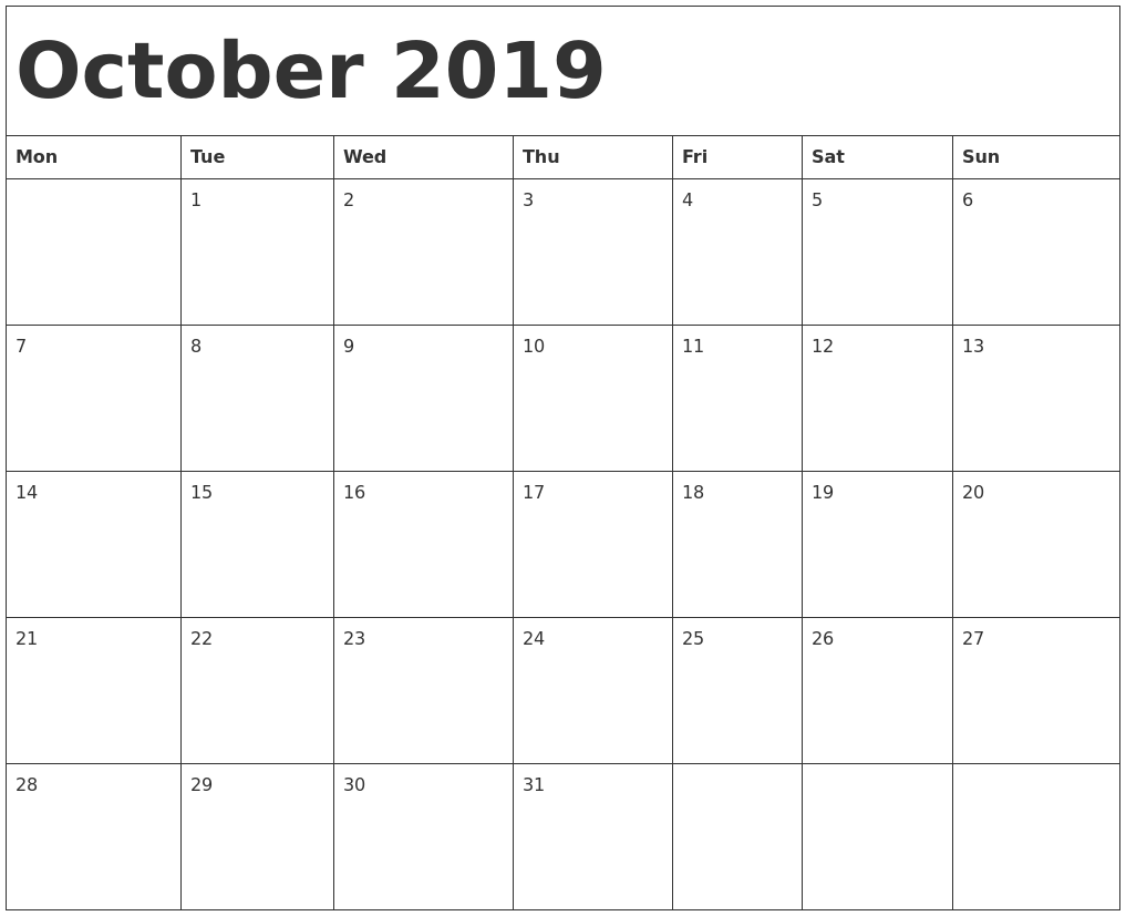 October 2019 Calendar Template