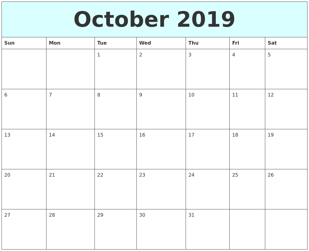 October 2019 Free Calendar