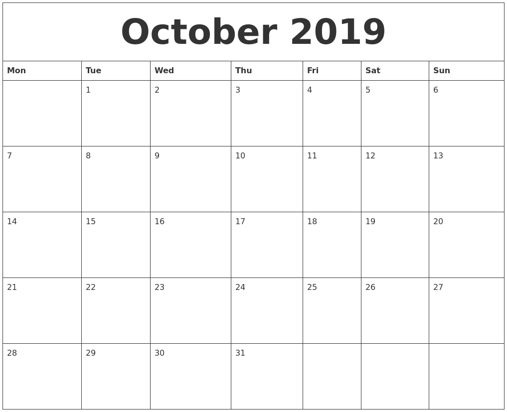 october 2019 free monthly printable calendar