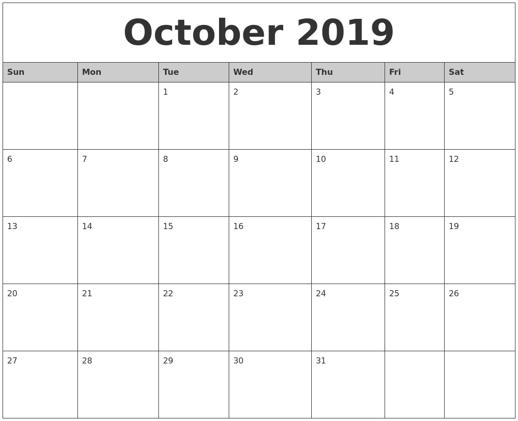 October 2019 Monthly Calendar Printable