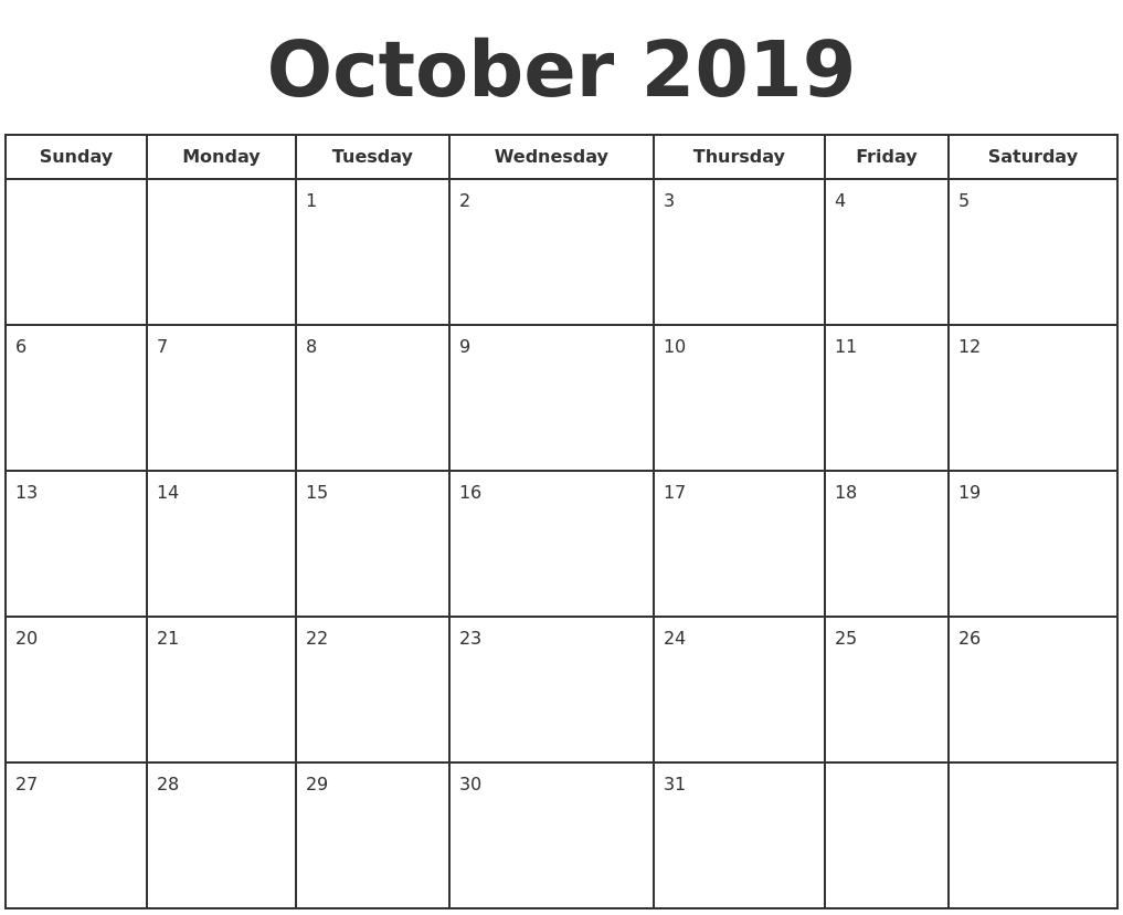 October 2019 Print A Calendar
