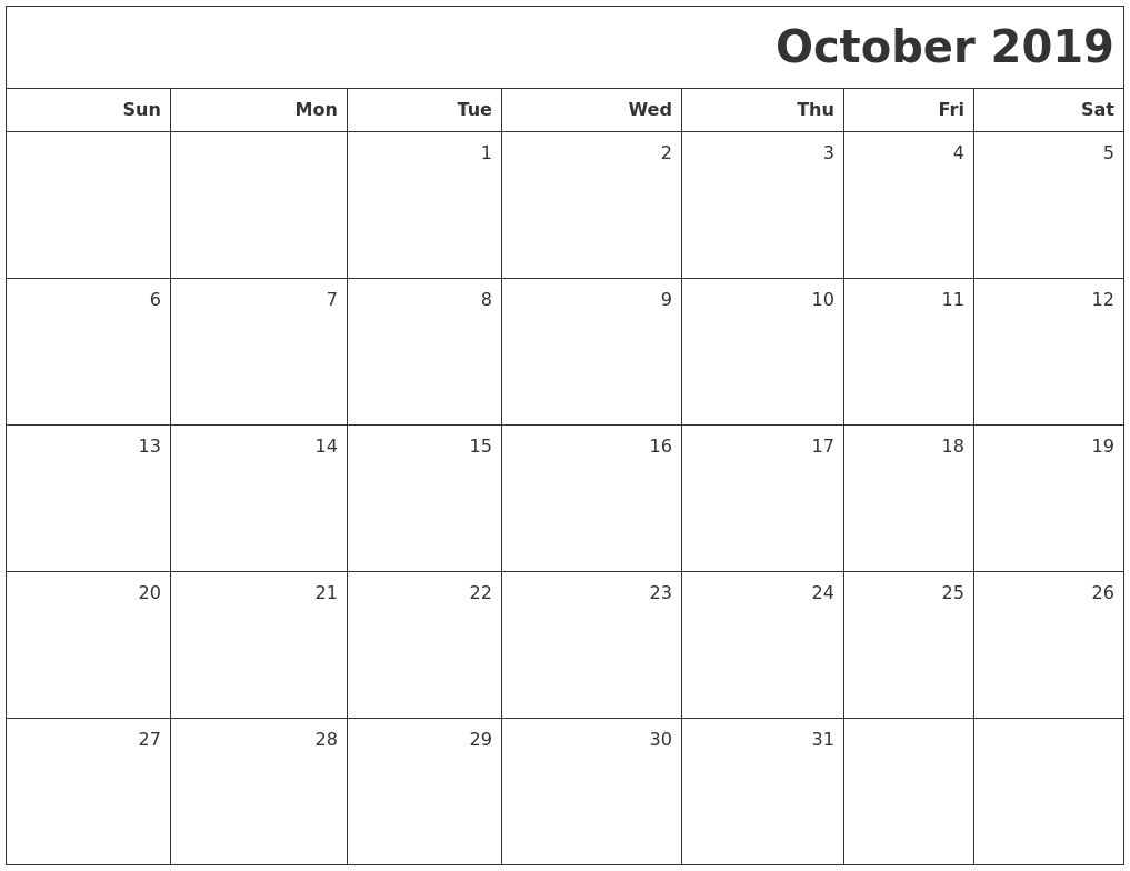 Oct 2019 Printable Blank Calendar photograph relating to October Calendar Printable named Oct 2019 Printable Blank Calendar