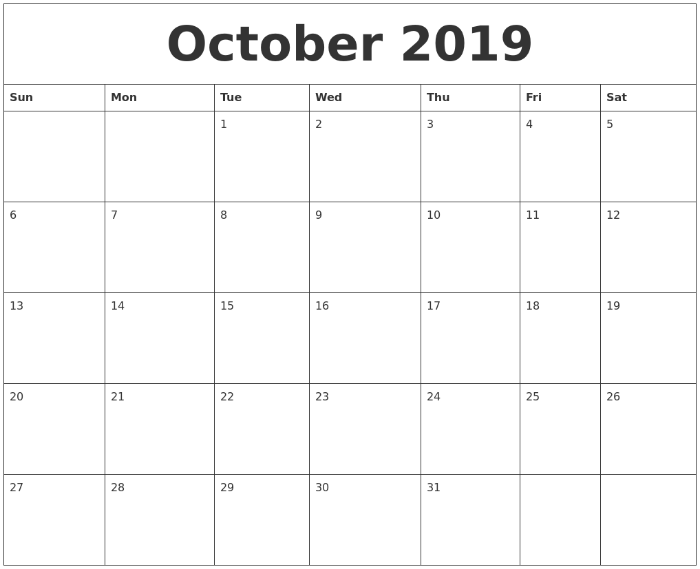 October 2019 Printable Calendar Pages