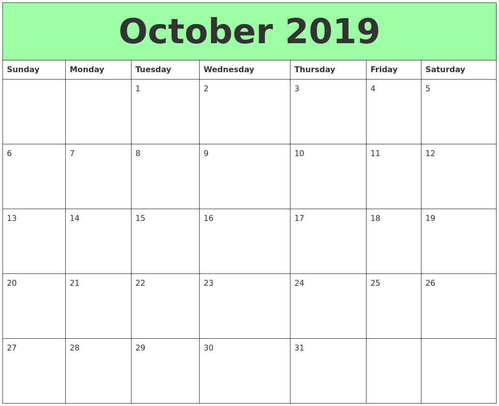 October 2019 Printable Calendar Blank Printable October 2019 Calendar Fontsize 12 Impact Color 000000 Wiqgse
