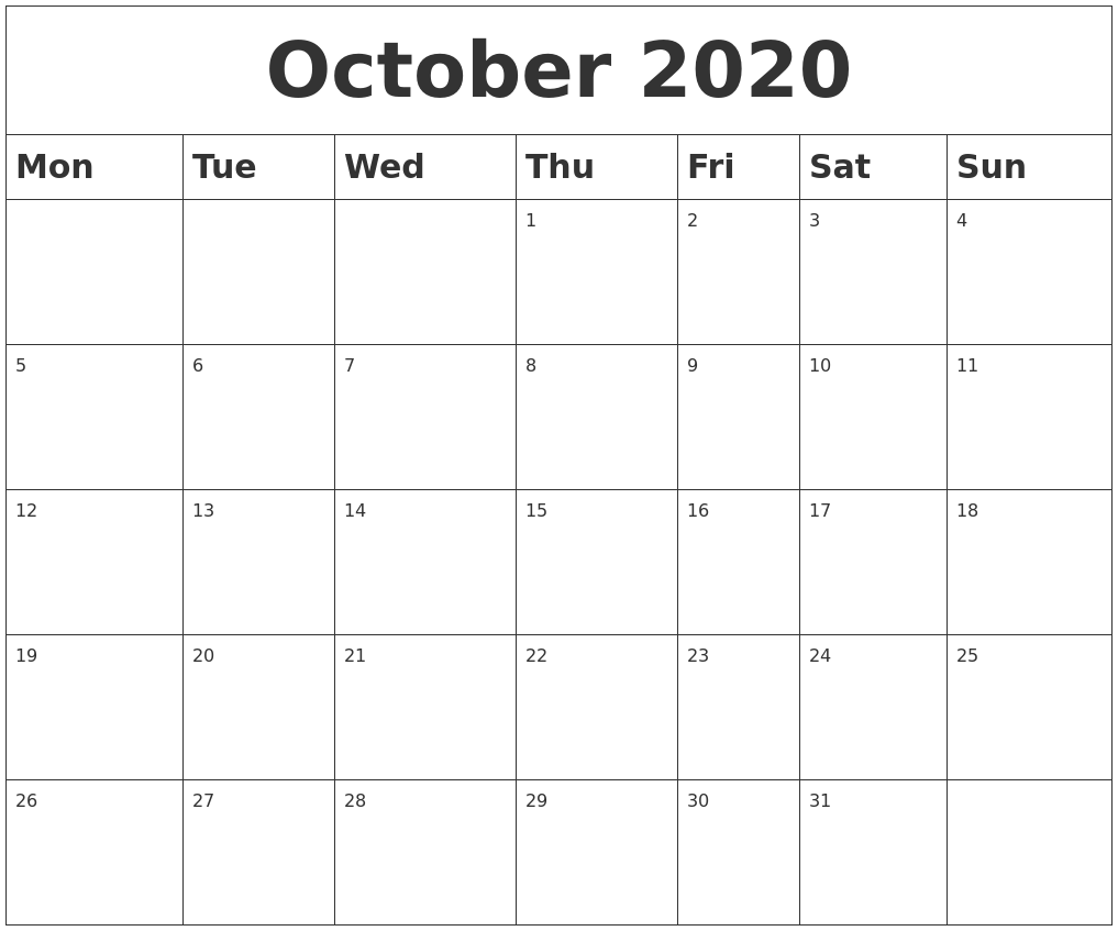 october 2020 blank calendar blank calendar october 2020 printable