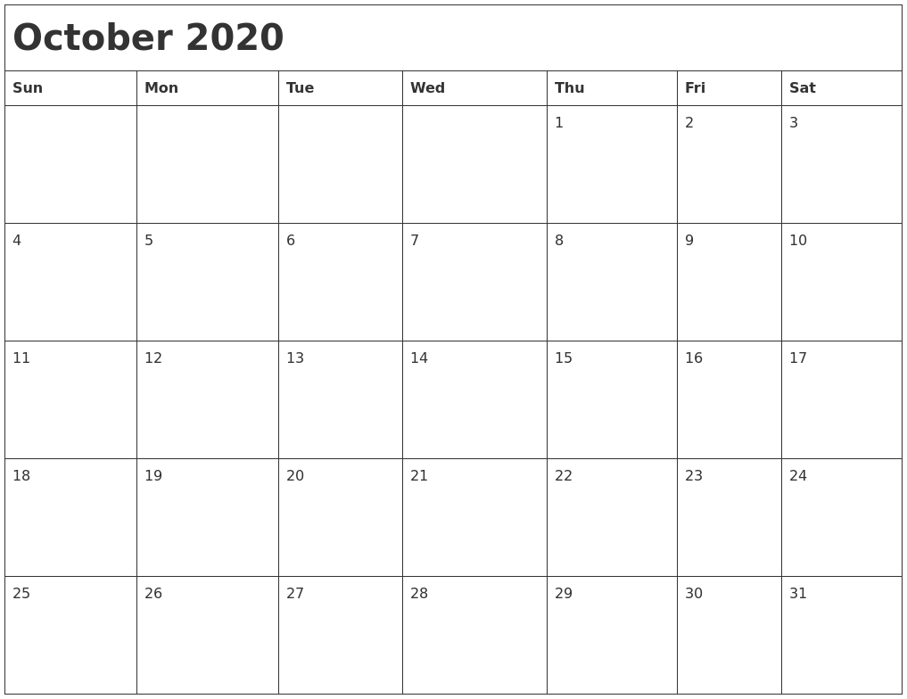 October 2020 Month Calendar