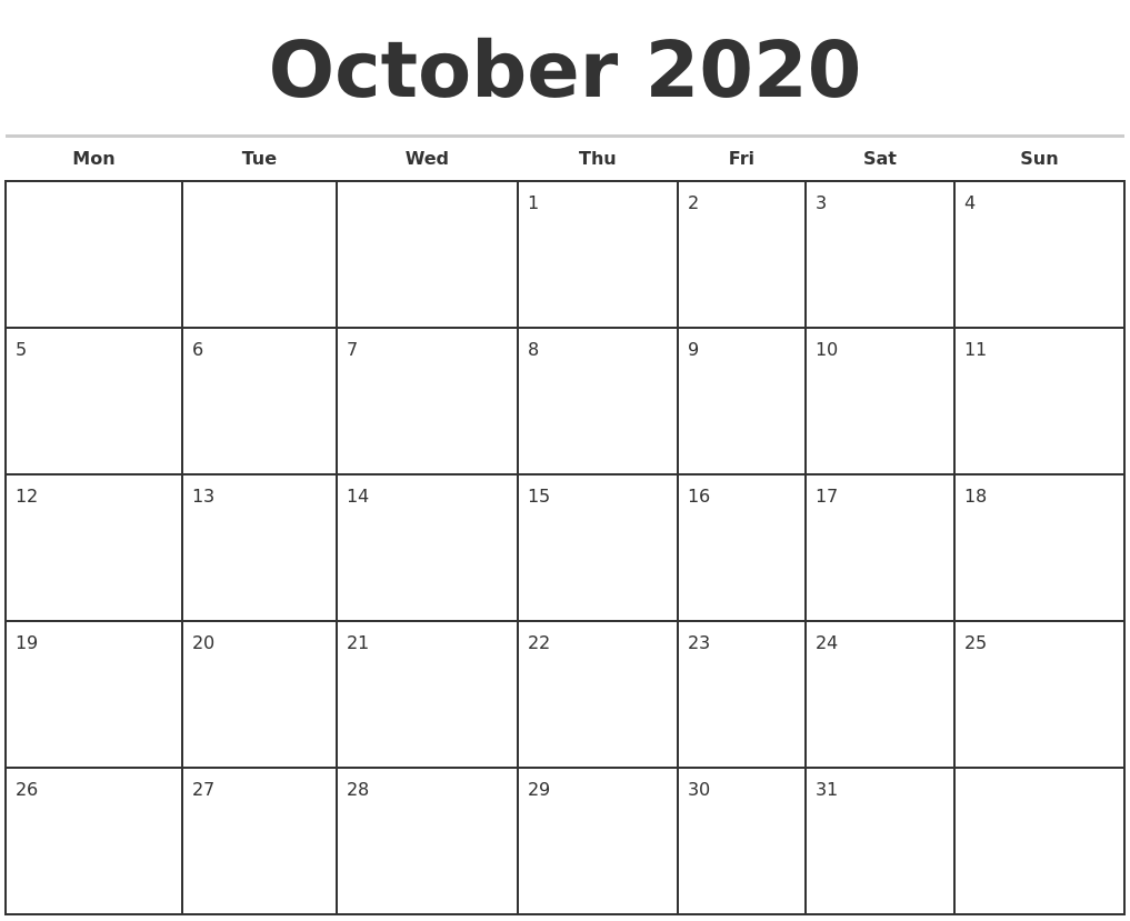 october 2020 monthly calendar template printable monthly calendar template 2020