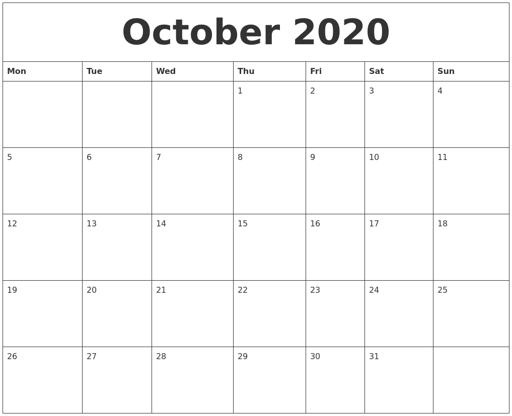 october 2020 monthly printable calendar blank 2020 printable calendar