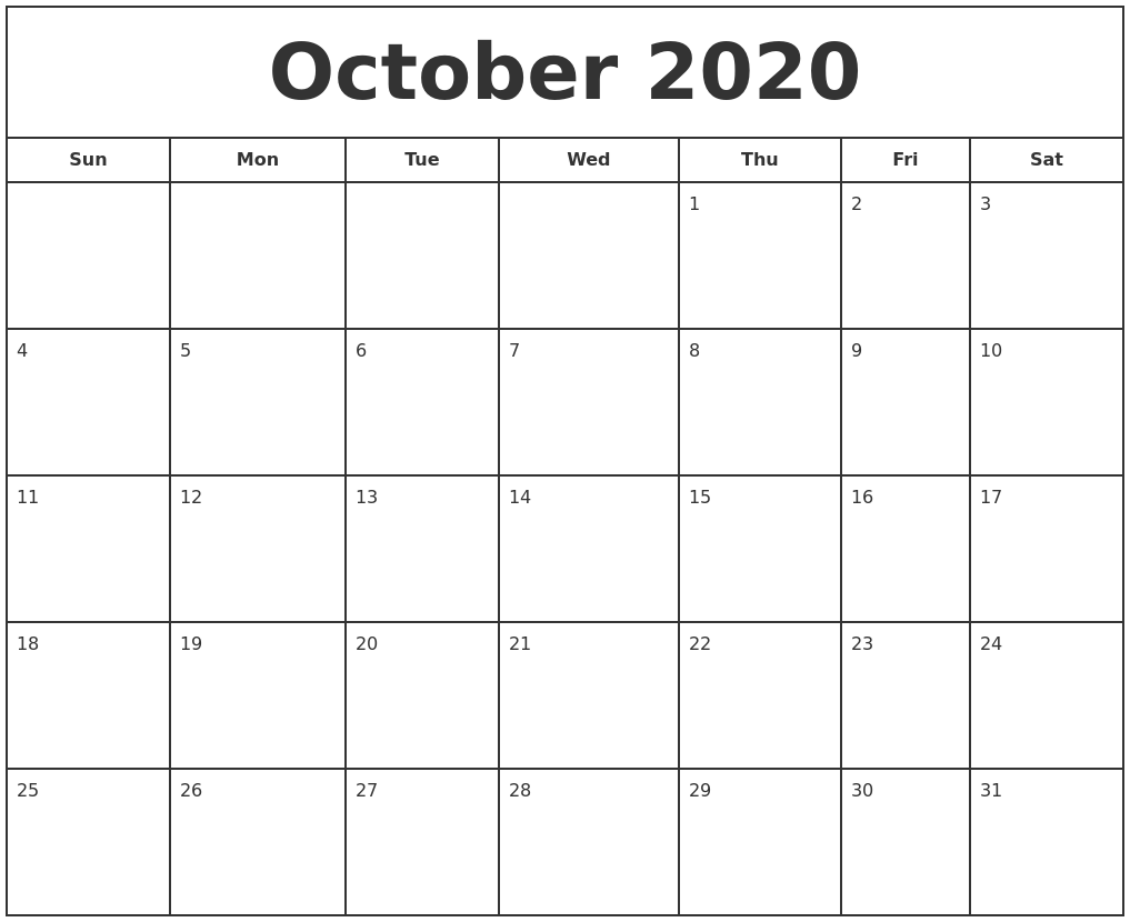 October 2020 Print Free Calendar