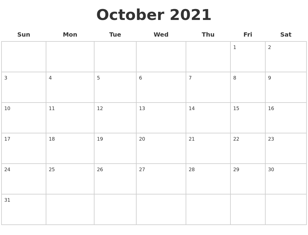 October 2021 Blank Calendar Pages