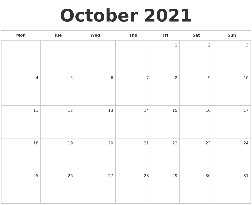 October 2021 Blank Monthly Calendar