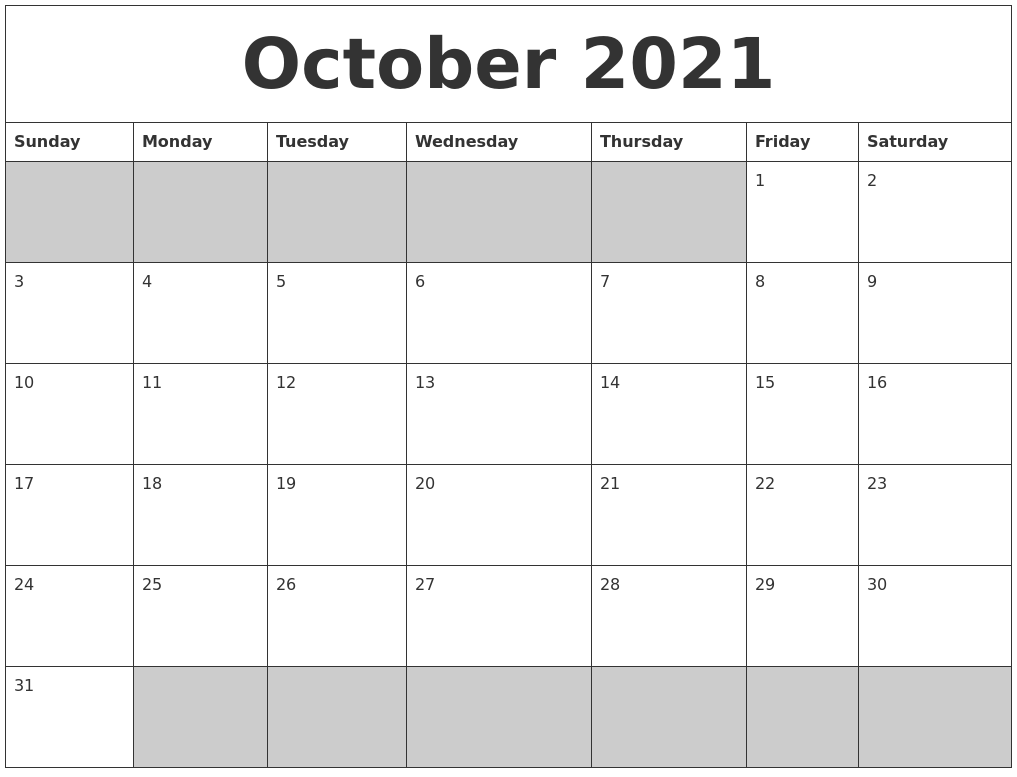 October 2021 Blank Printable Calendar