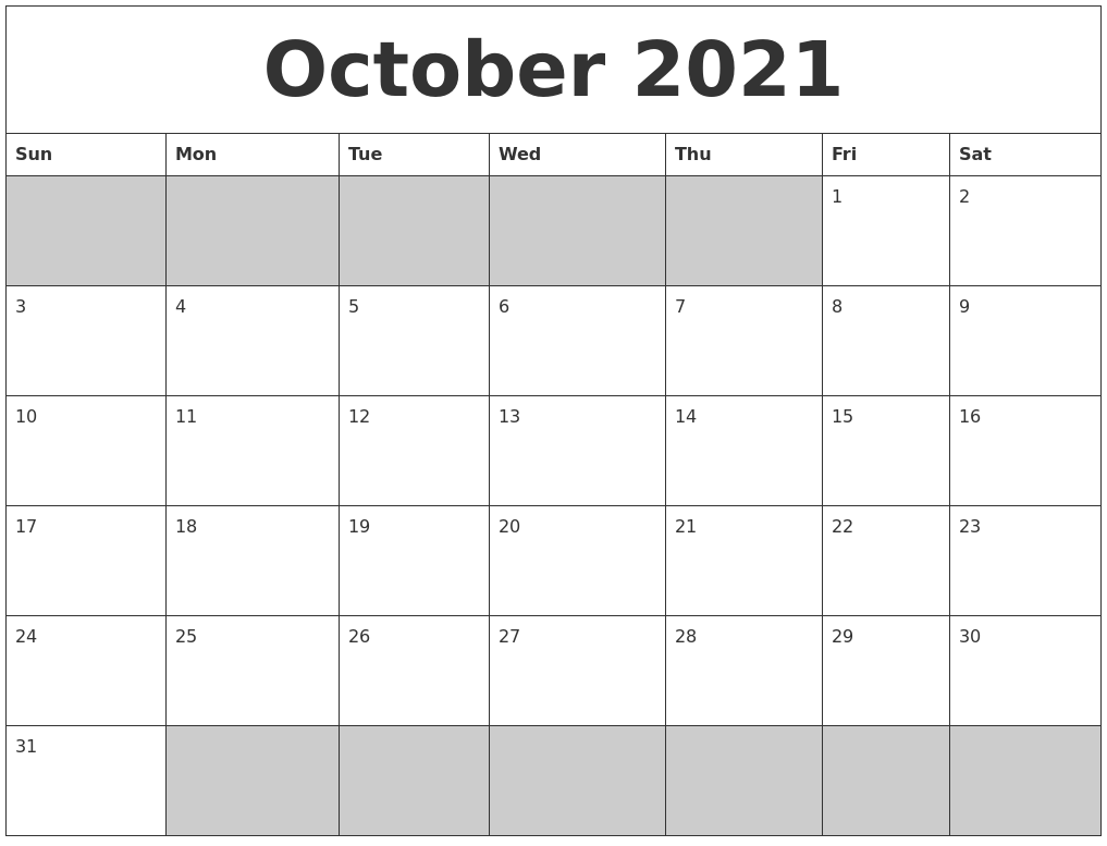 October 2021 Blank Printable Calendar