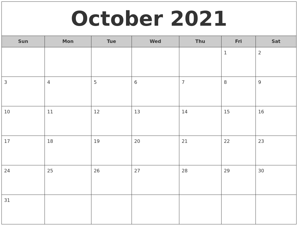 October 2021 Free Monthly Calendar