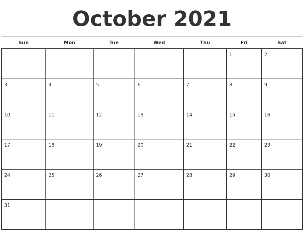 October 2021 Monthly Calendar Template