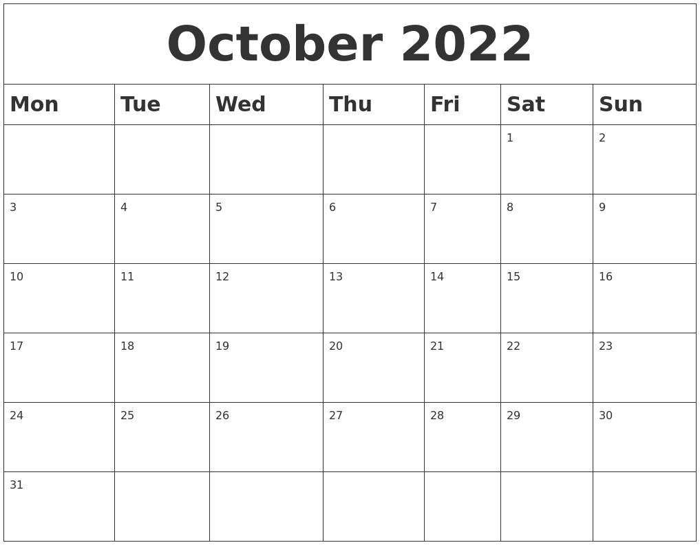 October 2022 Blank Calendar
