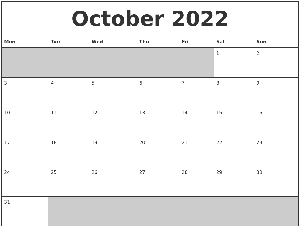 October 2022 Blank Printable Calendar