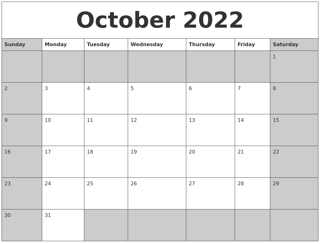 October 2022 Calanders