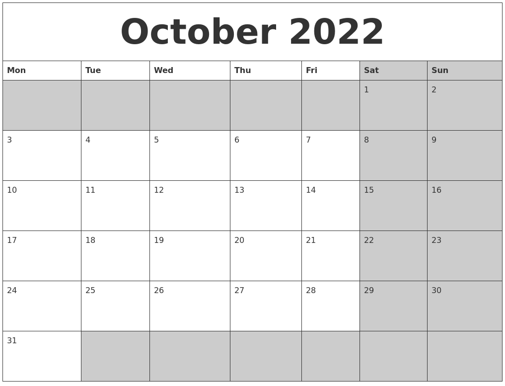 October 2022 Calanders