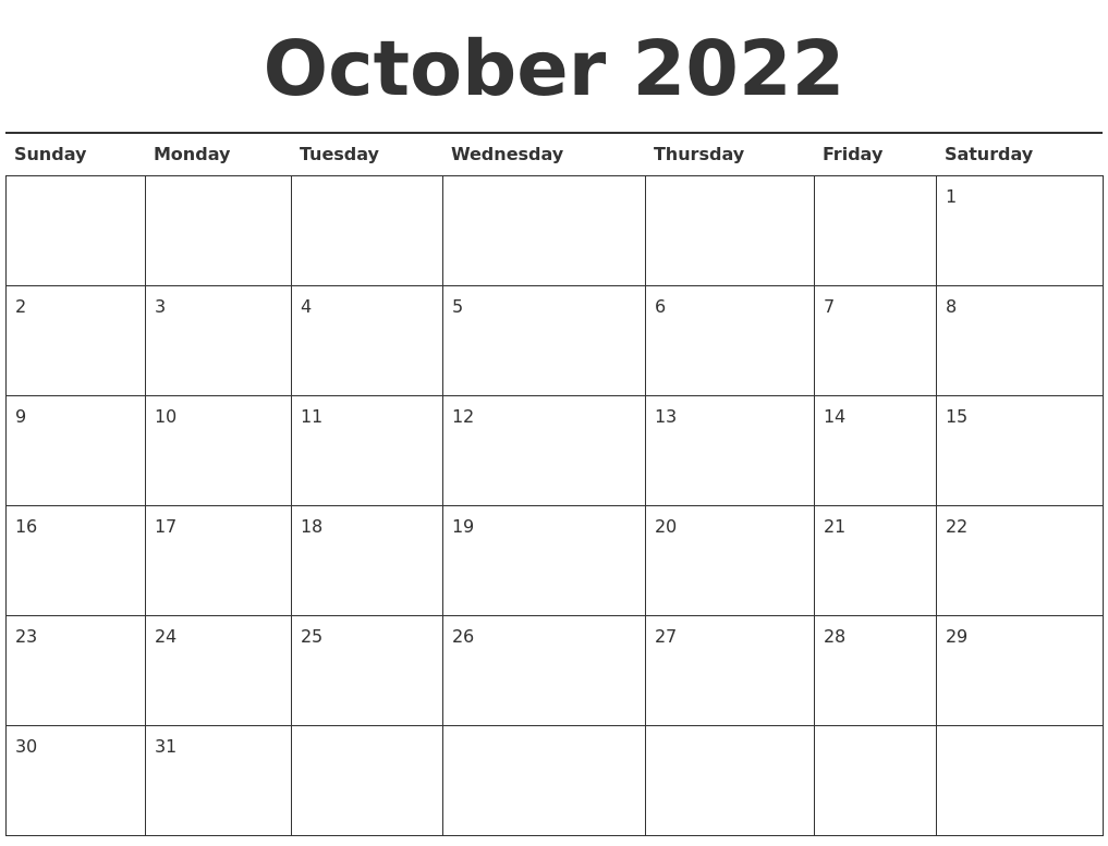 October 2022 Calendar Printable