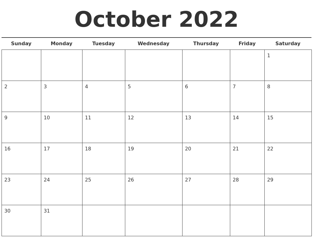 October 2022 Free Calendar Template