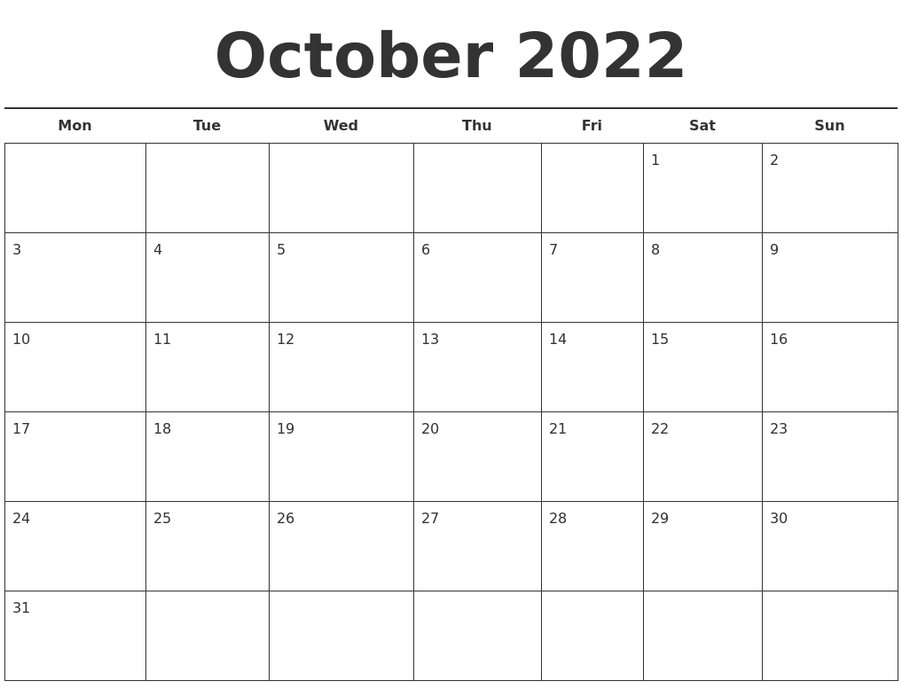 October 2022 Free Calendar Template