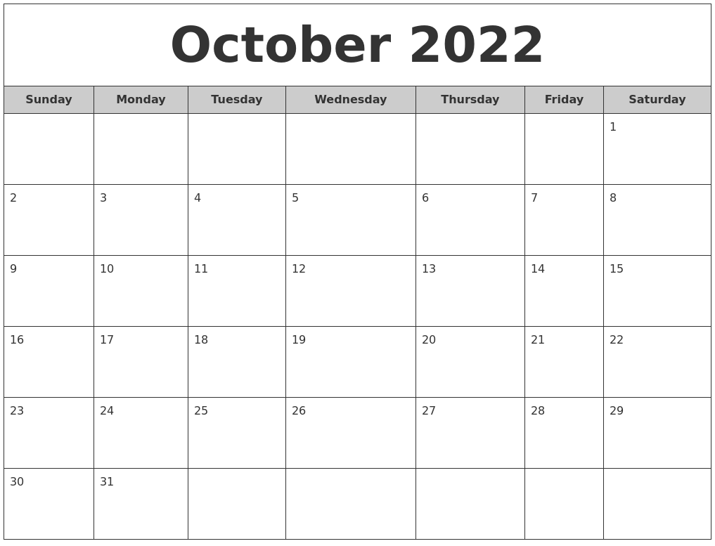 October 2022 Free Monthly Calendar
