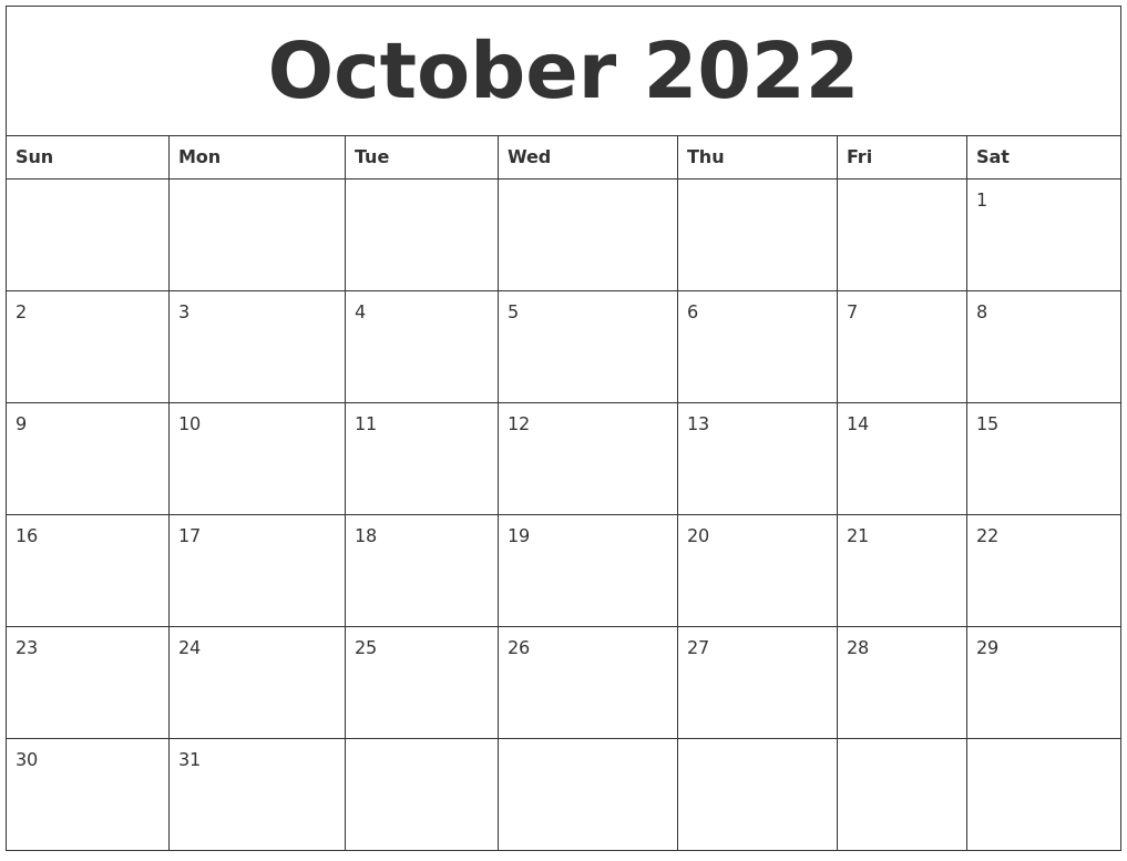 October 2022 Free Online Calendar