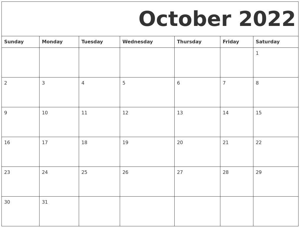 October 2022 Free Printable Calendar October 2022 Monthly Calendar 