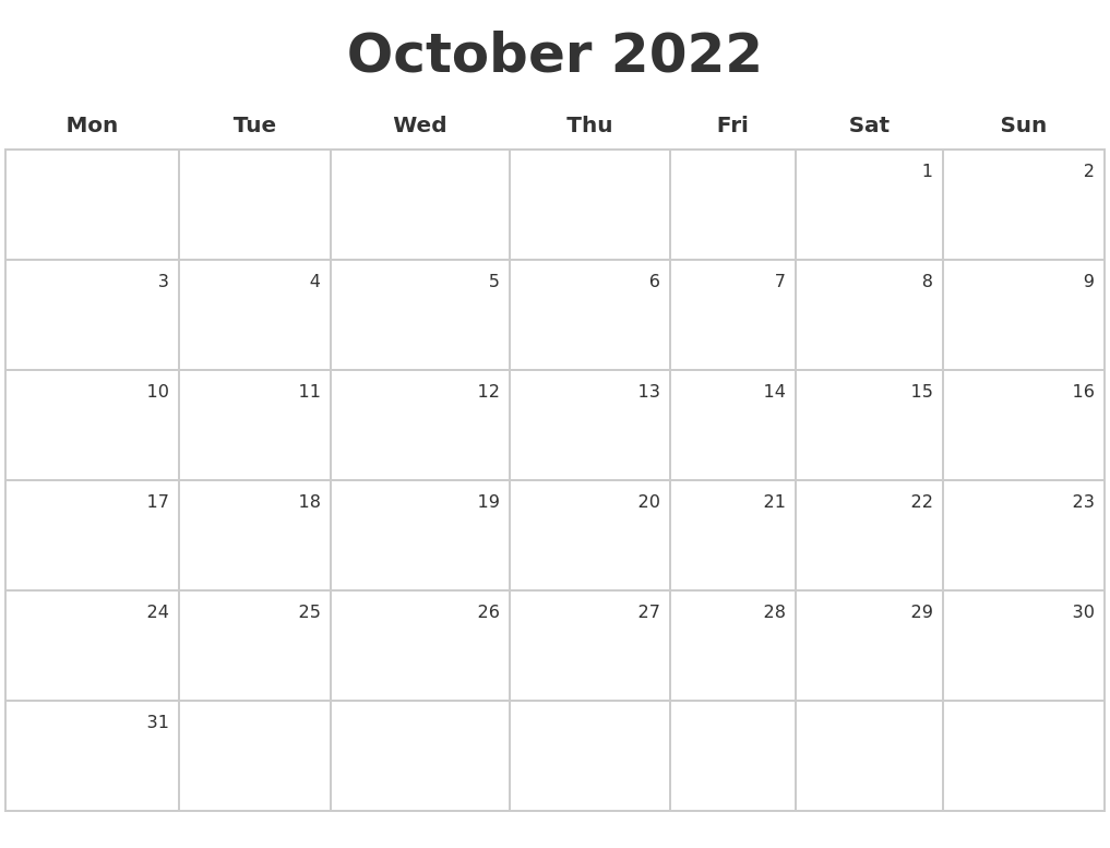 October 2022 Make A Calendar