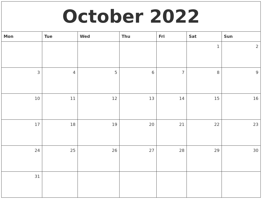 October 2022 Monthly Calendar