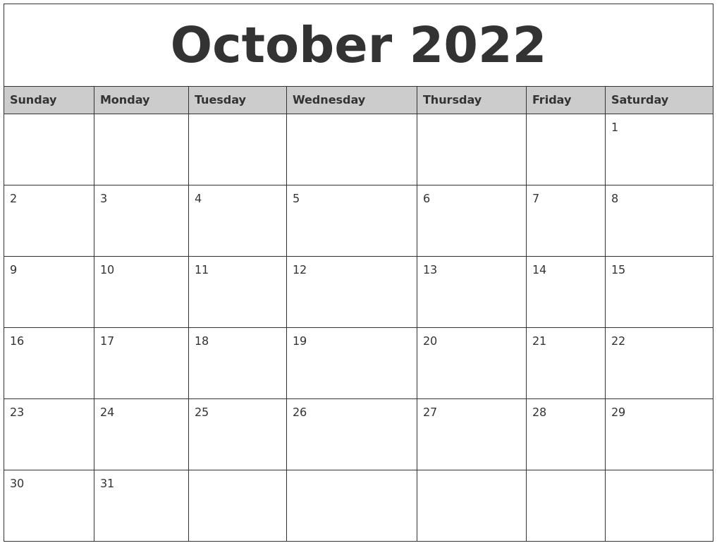 October 2022 Monthly Calendar Printable