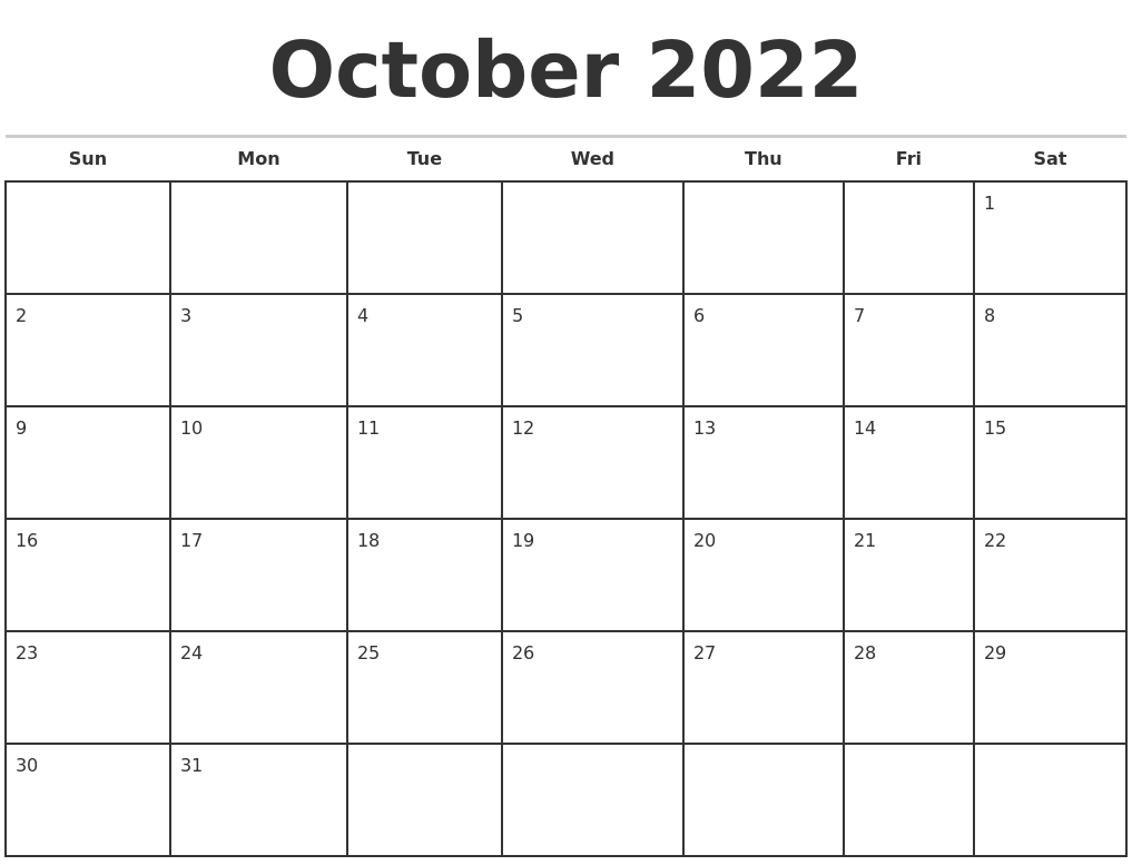 October 2022 Monthly Calendar Template