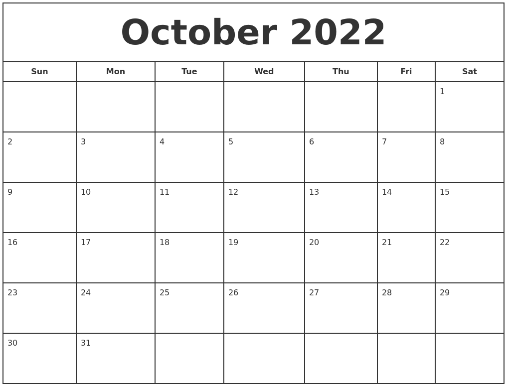 October 2022 Print Free Calendar